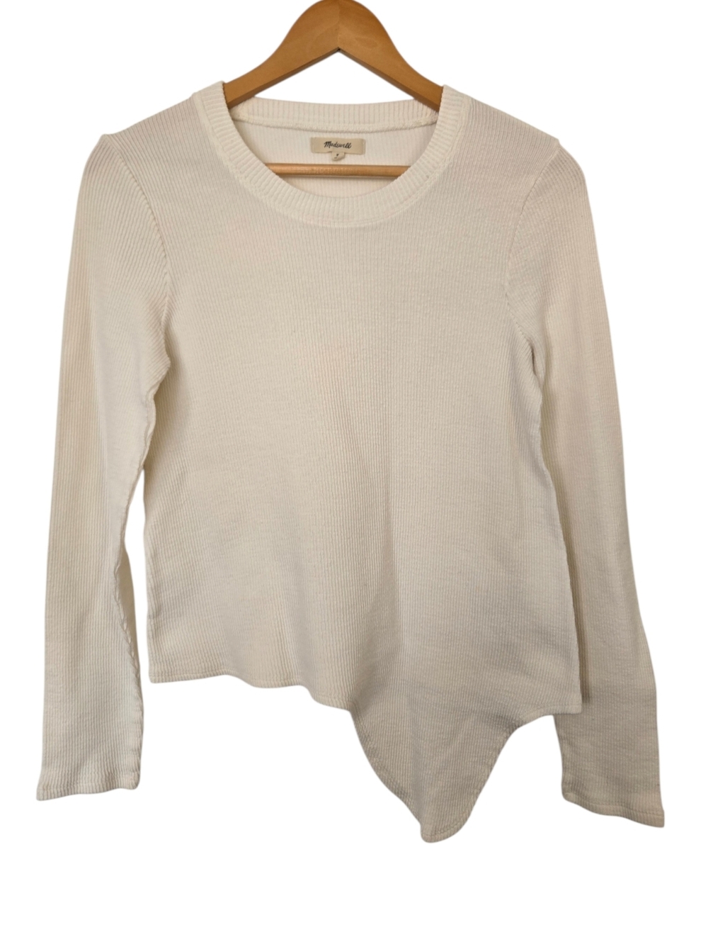 🤍 Madewell Ribbed Long Sleeve– Cream Asymmetrical Hem Minimalist Tee Size M